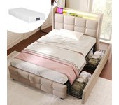 Cama infantil tapizada 90 x 200 cm con 2 cajones - usb + led - tela de lino - beige + colchón
