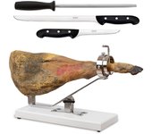 Bello aneto - soporte jamonero basculante en dm blanco y acero con cuchillos y chaira