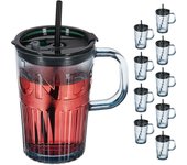 Relaxdays set de 10 vasos, jarras para beber con tapa y pajita, jarritas batidos y zumos 450 ml, con asa, gris