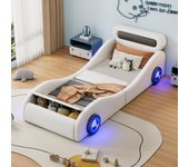 Cama tapizada de 90 x 200 cm con forma de coche - ruedas luminosas - piel sintética - somier de láminas - blanco (sin colchón)