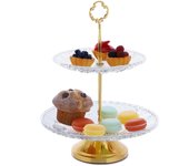 Relaxdays soporte tartas, 2 pisos, bandejas pasteles cristal y hierro, platos cupcakes redondos, transparente y dorado
