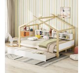 Cama cabina 140 x 200 cm con cama nido 90 x 180 cm - 4 nichos - madera de pino - blanco