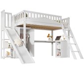 Cama litera para niños con tobogán, escritorio y armario, madera de pino + mdf + contrachapado