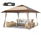 Cenador de jardín plegable, 300 x 300 cm con doble tapa, pabellón de jardín extraíble con cuatro pies, ideal para festivales, fiestas, playa, marrón