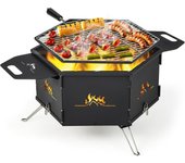 Barbacoa 2 en 1 plegable de carbón y leña portátil con 2 asas y parrilla giratoria de 360°, de acero inoxidable para camping viajes fiesta hoguera