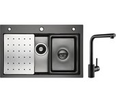 Fregadero de cocina 1 seno 70×45cm + escurridor + lavabo + dispensador de jabón + mezclador de fregadero giratorio 360° negro