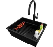 Primagran fregadero granito todo negro 56x47cm, fregadero cocina 1 seno + sifón + accesorios, fregadero sobre encimera al mueble 60cm - prague slim