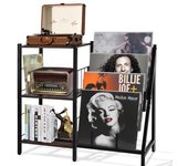 Tocadiscos con soporte para vinilos de 3 niveles, almacenaje para vinilos, mueble para tocadiscos, mesa auxiliar de madera para el salón