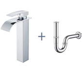 Grifo cascada para lavabo sobre encimera,monomando alto para lavabo,inoxidable,cromado+sifón fregadero en u,tubo sifón antiolor,sifón ø32 mm,cromado