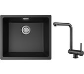 Fregadero de 1 seno de cuarzo y resina, 3 opciones de montaje, 50*44*20 cm + grifo de cocina monomando plegable negro