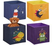 Relaxdays set 4 cajas almacenaje infantiles, animales y monstruos, cajitas estantes cúbicos, 30x30x30cm, multicolor