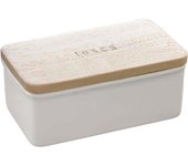 Mantequera de cerámica con tapa de madera tosca