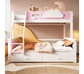 Literas 120 x 200 cm + 90 x 200 cm con 2 cajones y escalera inclinada - madera maciza + mdf - blanco + natural