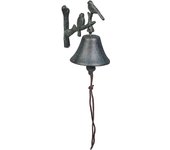 Relaxdays campana pared rama avecillas, timbre jardín, 20 x 10 x 13 cm, cuerda, campanilla mural, retro, verde oscuro