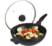 Relaxdays sartén wok para vitrocerámica con tapa, aluminio, negro, 15 x 31 x 58 cm