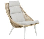 Sillón de exterior, conjín incluido, aluminio y ratán sintético redondo, color blanco envejecido, 80x51x90 cm