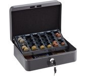 Relaxdays caja de dinero con bandeja contadora, cerradura con llaves, hierro, 9x25x18 cm, para efectivo, gris
