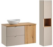 Conjunto de muebles con lavabo individual 100cm cesto ropa y columna manoa cachemira y madera
