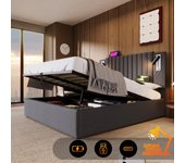 Cama tapizada 160x200, cama doble, espacio de almacenamiento, canapé, lámpara de lectura con función de carga usb, gris (sin colchón)