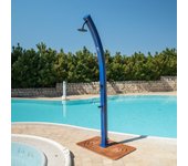 Ducha solar dafne azul, rociador de 20cm, mezclador, grifo lavapiés, estructura de aluminio, depósito de 35l, altura 226cm, piscina y jardín.
