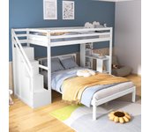 Literas 90 x 200 cm + 120 x 200 cm con estantes laterales y 4 cajones - pino + mdf - blanco
