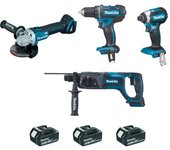 Set de 4 máquinas 18 v li-ion 5 ah makita amoladora dga504 + taladro ddf482 + taladro dhr241 + atornillador dtd153 - 2 baterías, cargador, maletín -