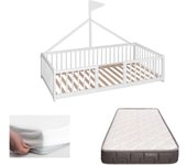 Cama infantil tipi 140x70 tipo montessori apache wonderland de madera de haya y color blanco + colchón morfeo + protector colchón