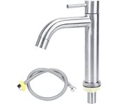 Grifo monomando de acero inoxidable para baño, grifo de agua fría (color galvanizado), manguera de 60 cm