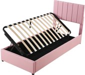 Cama para niños 90 x 200 cm con almacenamiento hidráulico en lino rosa