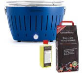 Barbacoa azul con pilas y cable de alimentación usb + 2,5kg de carbón de haya + gel combustible 500ml - lotus grill