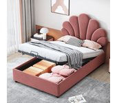Cama infantil acolchada de 90 x 200 cm, con cabecero de flores y somier de láminas, rosa