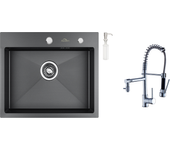 Fregadero cocina 1bandeja 55*45cm negro+grifo cocina mezclador con ducha extraíble rotativo 360°grifería retráctil fregadero 2 jets grifo