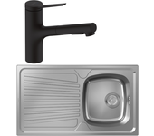Fregadero de 1 seno de acero inoxidable hansgrohe s21 + grifo de cocina con ducha hansgrohe zesis m33 150 de 2 chorros negro mate