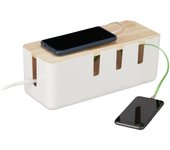 Relaxdays caja de cables, para 2 regletas de enchufes, tapa de madera, plástico, ocultacables, 11,5x30,5x12,5 cm, blanco