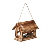 Relaxdays comedero de pájaros de madera quemada, colgante, dispensador alimentos, aves silvestres, 24x30x21 cm, marrón