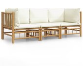 Set de muebles de jardín 3 piezas bambú y cojines blanco crema