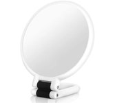 Espejo de bolsillo de doble cara con aumento de 1x/15x y asa plegable, espejo de maquillaje portátil de viaje (blanco)