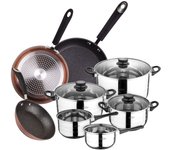 Bateria de cocina 8 piezas san ignacio en acero inoxidable con juego de sartenes premium (20,24 y 28 cm) en aluminio forjado
