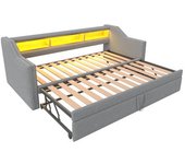 Sofá cama convertible 90180 x 190 cm + estructura de lino gris claro + almacenaje multifuncional + iluminación led y toma usb