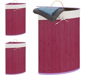 3x cestos ropa sucia esquinero, cubo colada plegable con tapa, canasta, bambú, 65 x 49,5 x 37 cm, violeta