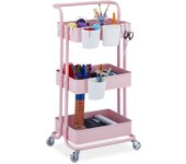 Relaxdays carrito auxiliar, 3 niveles, 2 frenos, multiusos para cocina y oficina, camarera 86x38x39 cm, metal, rosa