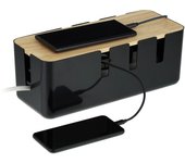 Relaxdays caja de cables, para 2 regletas de enchufes, tapa de madera, plástico, ocultacables, 11,5x30,5x12,5 cm, negro