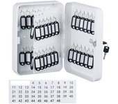 Relaxdays caja cuelga llaves, con cerradura, 48 ganchos, 25x18x8 cm, portallaves hierro y plástico, blanco