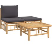 Set de muebles de jardín 3 piezas bambú con cojines gris oscuro