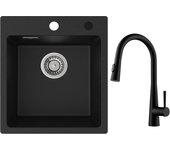 Cecipa max fregadero de cocina en cuarzo y resina fregadero de cuarzo 40x45cm 1 seno negro + mezclador con ducha extraíble, 3 modos de salida de agua