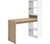 Mesa de escritorio y estanteria, color blanco artik y roble canadian