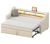 Sofá cama convertible 90180 x 190 cm + estructura de lino beige + almacenaje multifuncional + iluminación led