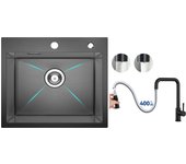 Cecipa max fregadero de cocina 1 seno 50×45×18,5cm fregadero de acero inoxidable negro + grifo monomando con ducha extraíble, negro