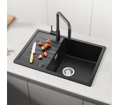 Fregadero de 1 seno con escurridor - fregadero encastrable de cuarzo y resina - cecipa max fregadero de cocina con balda negro (65 x 45 cm)