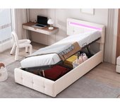 Cama contenedor 90x200 cm acolchada en terciopelo - con led y somier - beige